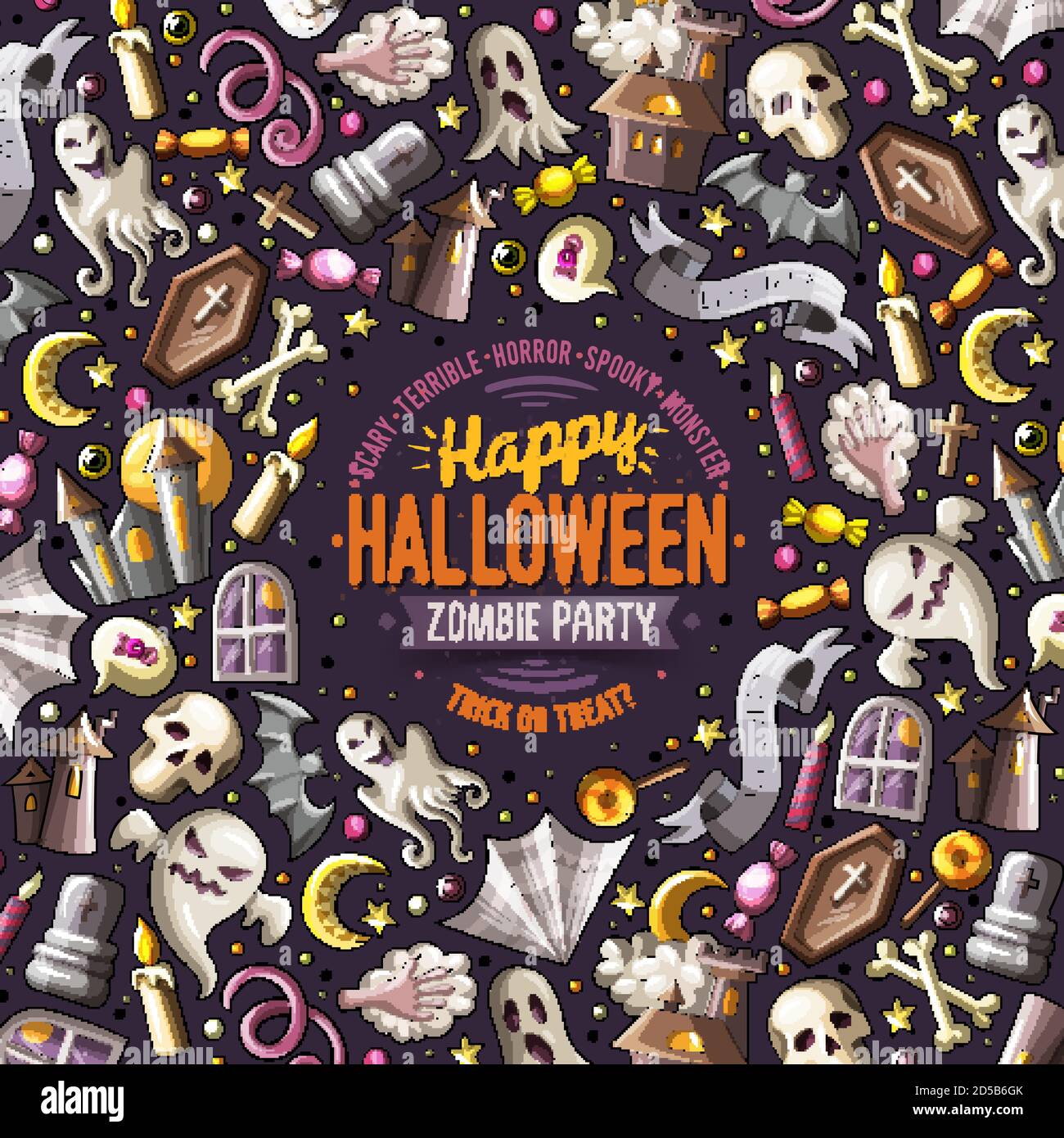 Cartoon vettore doodles Happy Halloween cornice card design Illustrazione Vettoriale