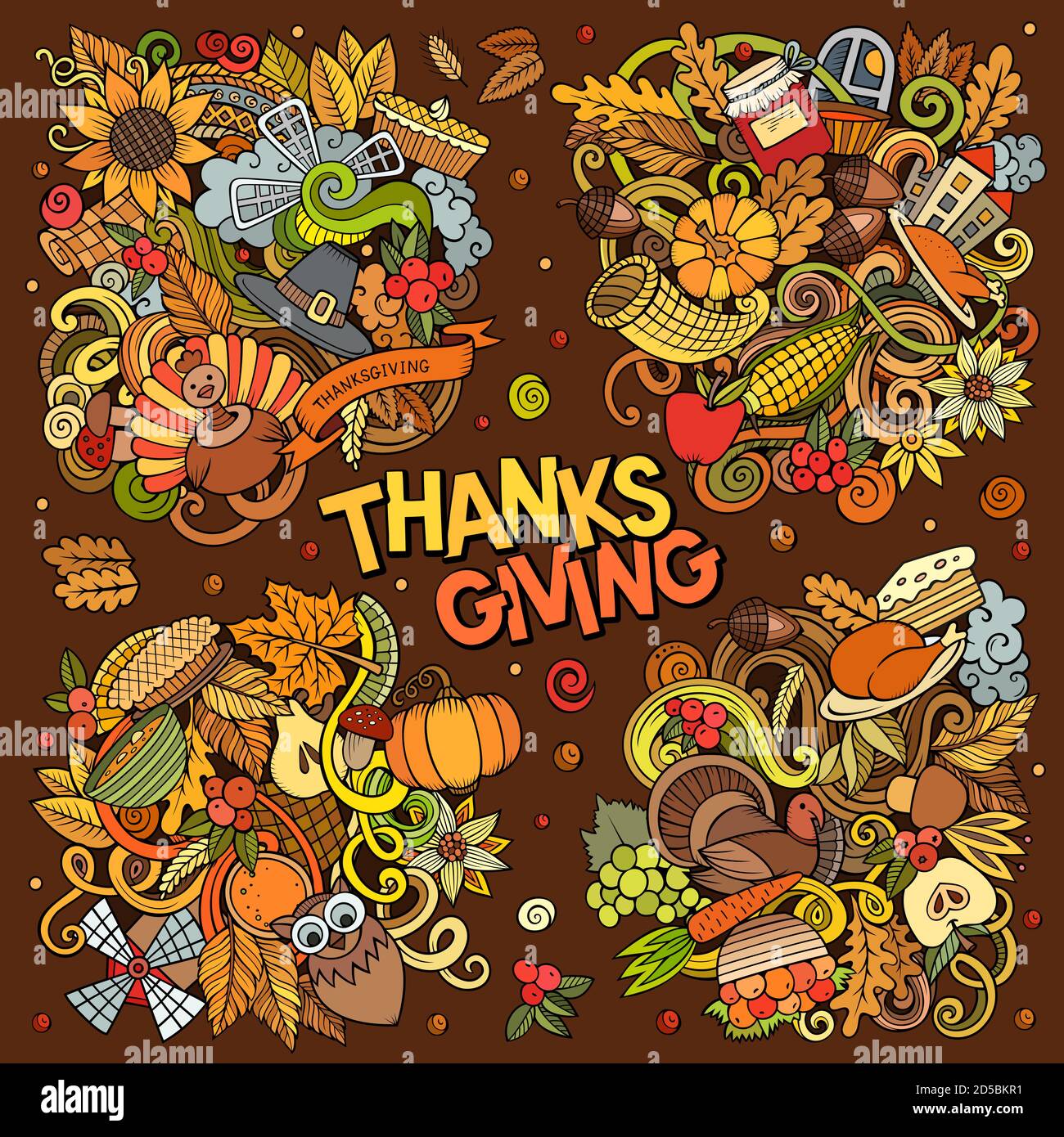 Cartoon vettore doodles felice giorno del Ringraziamento illustrazione Illustrazione Vettoriale