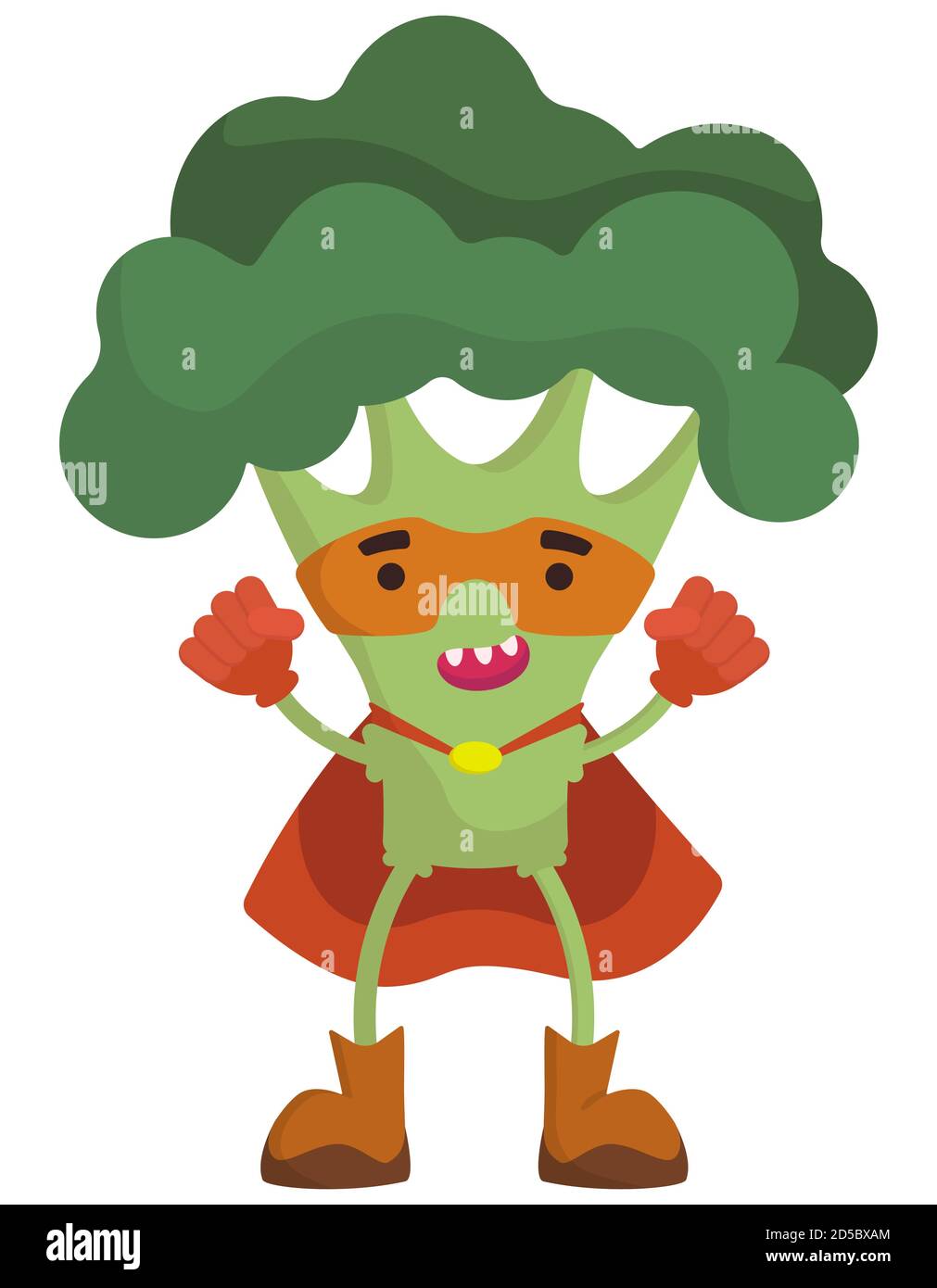 Supereroe vegetale divertente. Broccoli in stile cartoon. Illustrazione Vettoriale