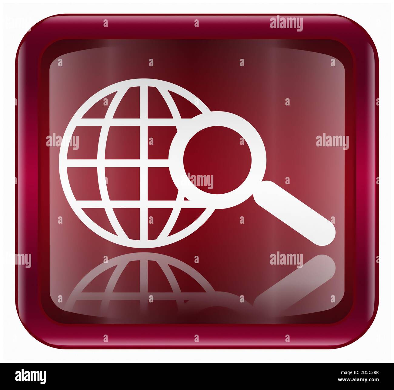 globo e icona della lente di ingrandimento rosso scuro, isolato su sfondo bianco Foto Stock