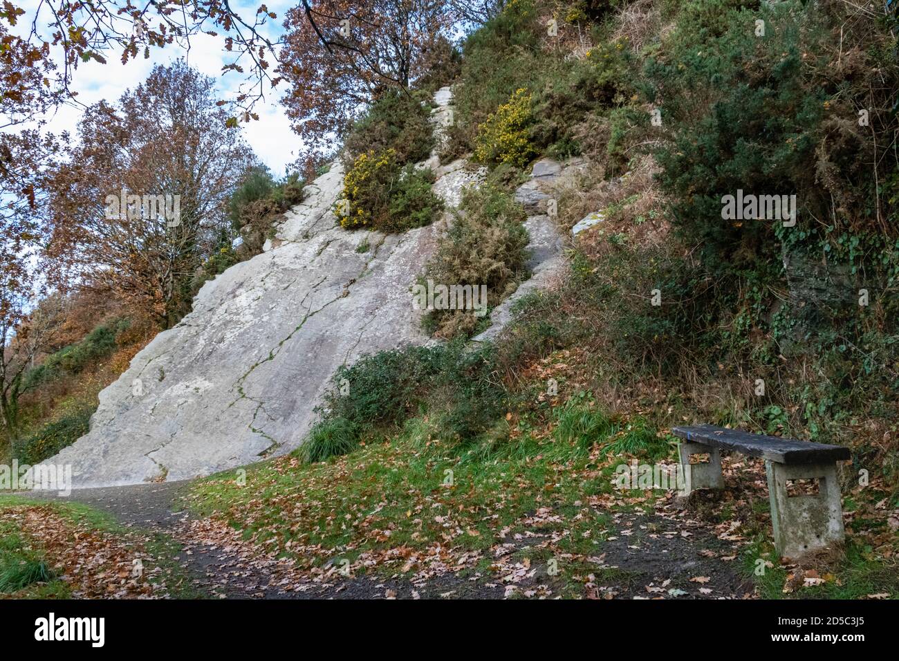Vista autunnale di ‘SLiding Rock’ su Castle Hill, panca e sentiero, Great Torrington Common Land. Foto Stock