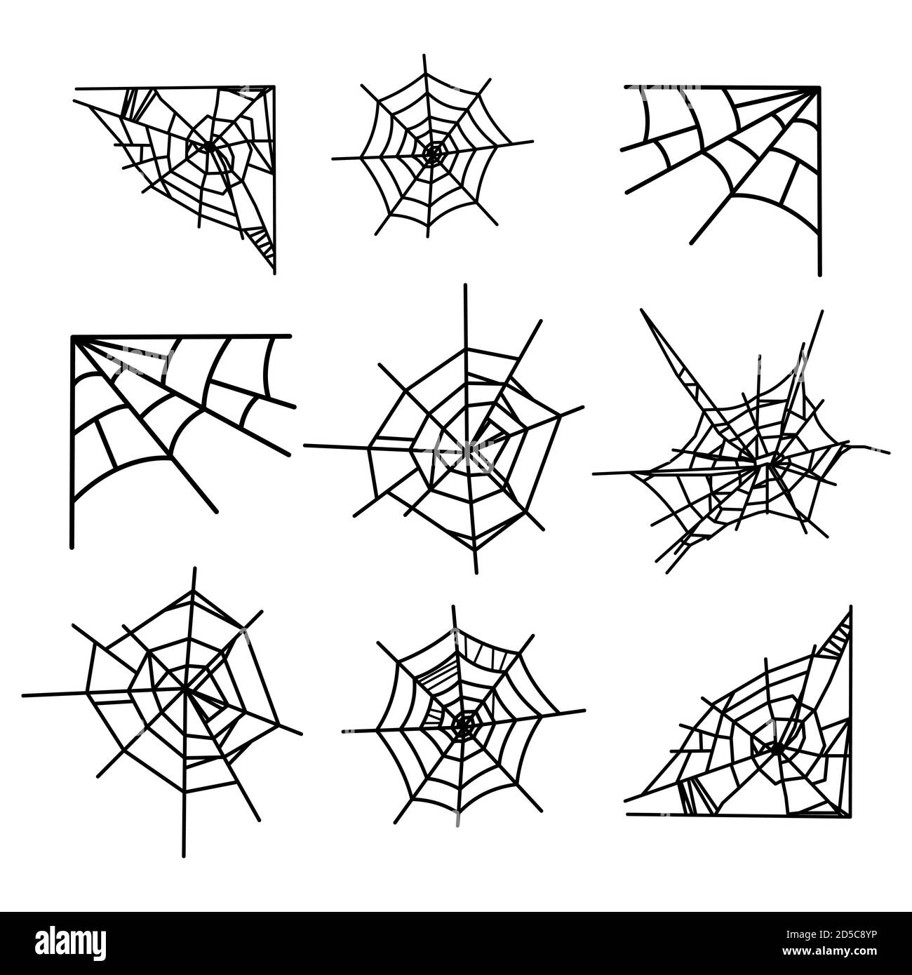 Insieme di icone vettoriali spiderweb per Halloween isolato su uno sfondo bianco. Illustrazione Vettoriale