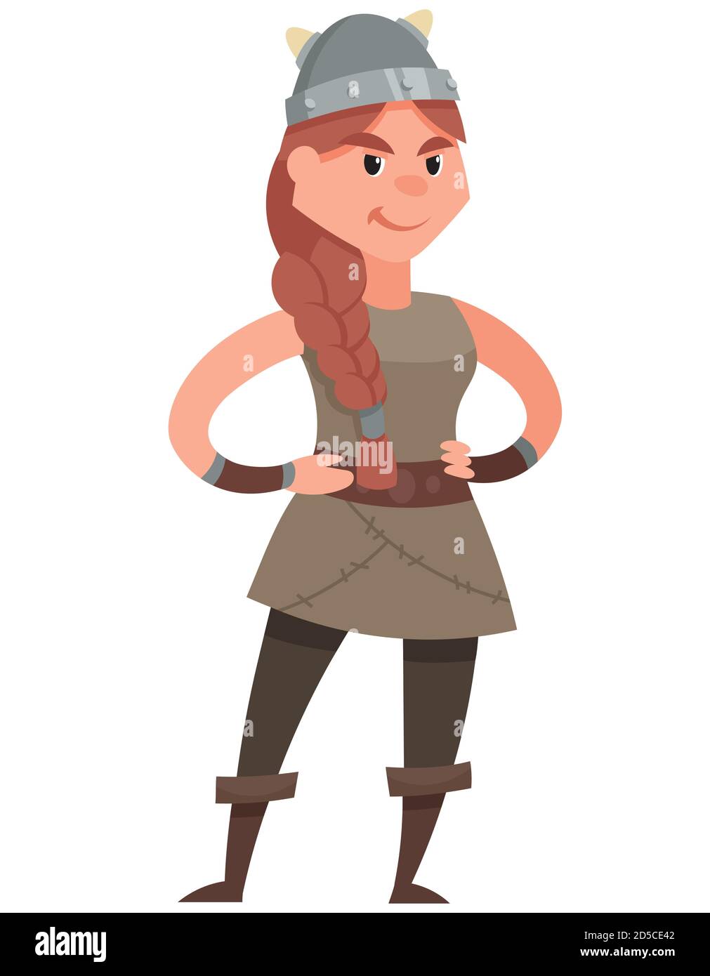 Femmina viking con le mani sulla cintura. Carattere sorridente in stile cartoon. Illustrazione Vettoriale