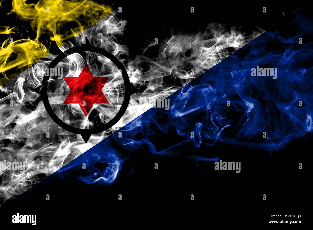 Paesi Bassi, Paesi Bassi, Olanda, Bonaire fumo bandiera isolato su sfondo nero Foto Stock
