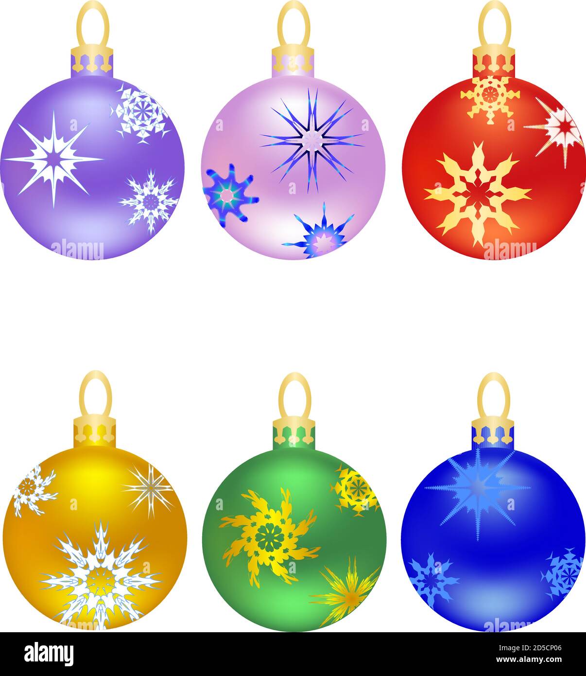Set di palle di Natale e Capodanno con ornamenti a forma come stelle su sfondo trasparente Illustrazione Vettoriale