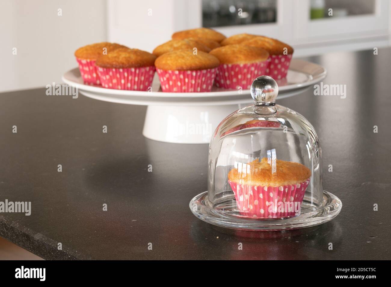 Cupcakes cotto in casa in un piatto bianco o in un vetro e in uno sfondo scuro del tavolo, tazze rosa con i punti del withe, cupcakes semplici senza decorazione. Casa Foto Stock
