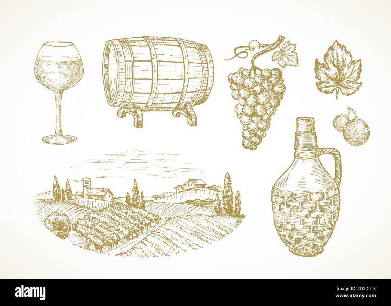 Set di schizzi di vino vettoriale o vigneto. Illustrazioni disegnate a mano di vetro, botte o barile, ramificazione d'uva, bottiglia di vimini e Fattoria o Cantina Rurale Illustrazione Vettoriale