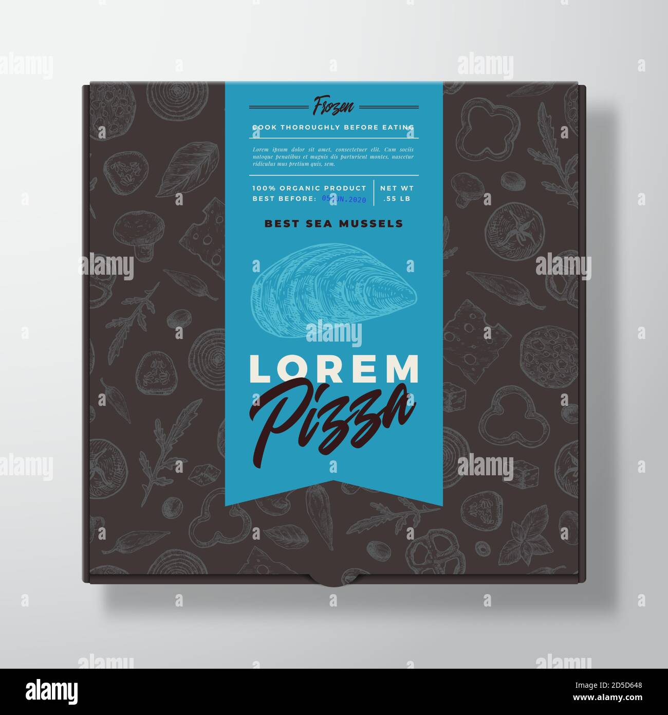 Cozze frutti di mare Frozen Pizza scatola di cartone realistico. Disegno o etichetta astratta del packaging vettoriale. Tipografia moderna, modello di cibo senza giunture di schizzo Illustrazione Vettoriale