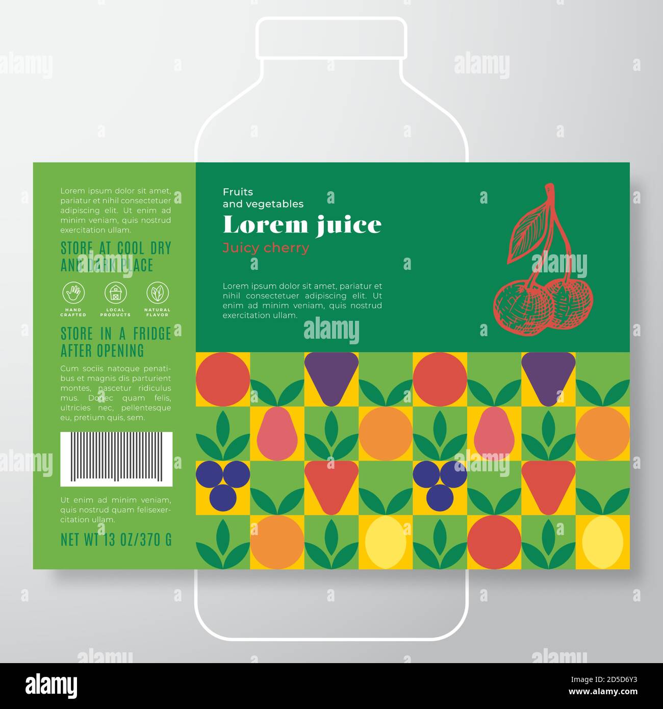 Modello etichetta succo frutta e verdura. Layout di progettazione di packaging vettoriale astratto. Banner tipografico moderno con silhouette di ciliegio disegnata a mano Illustrazione Vettoriale