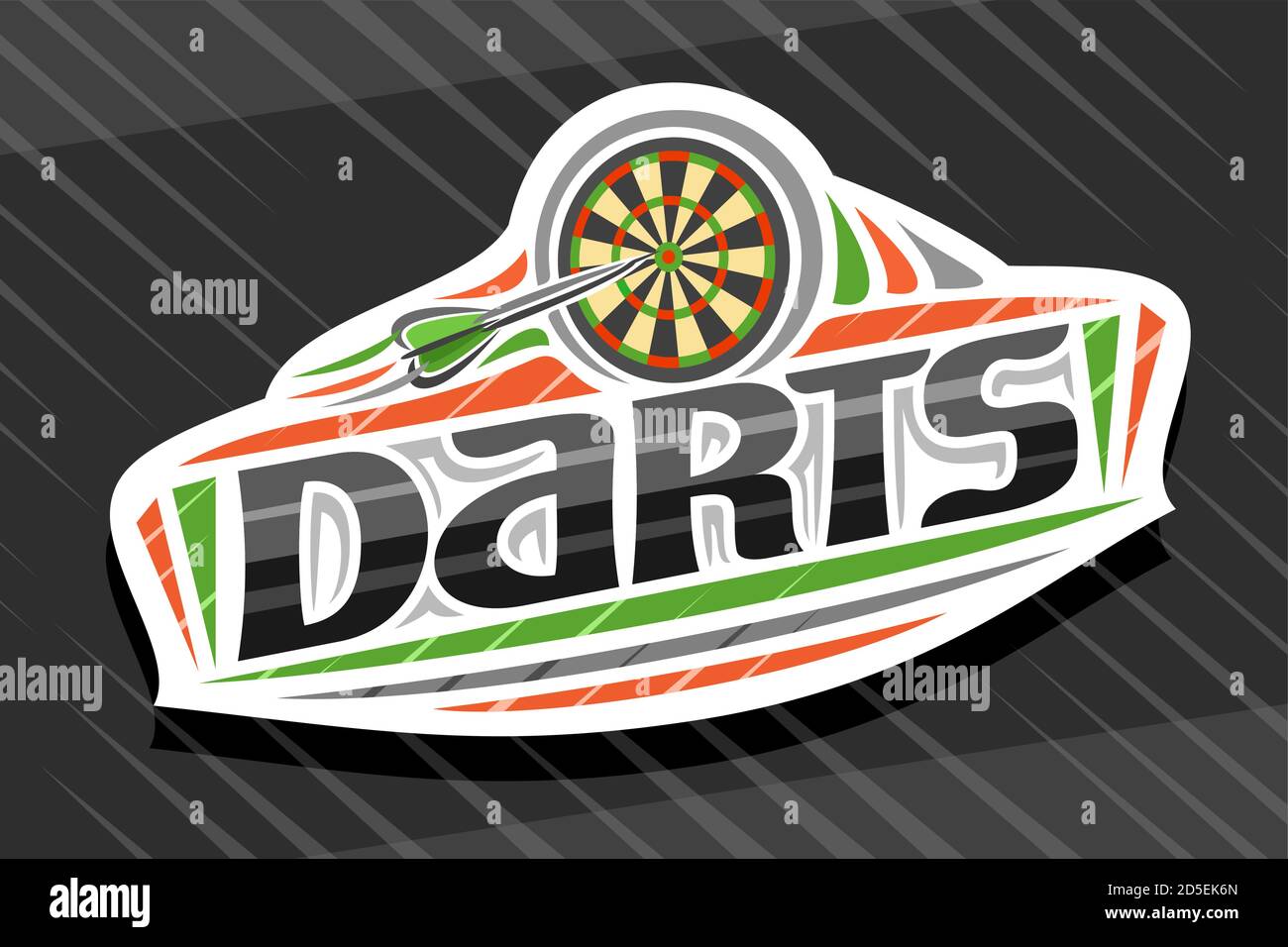 Logo vettoriale per Darts Sport, emblema bianco moderno con illustrazione di freccette volanti freccia nel bersaglio, scritta unica per freccette di parola nera, segno sportivo Illustrazione Vettoriale