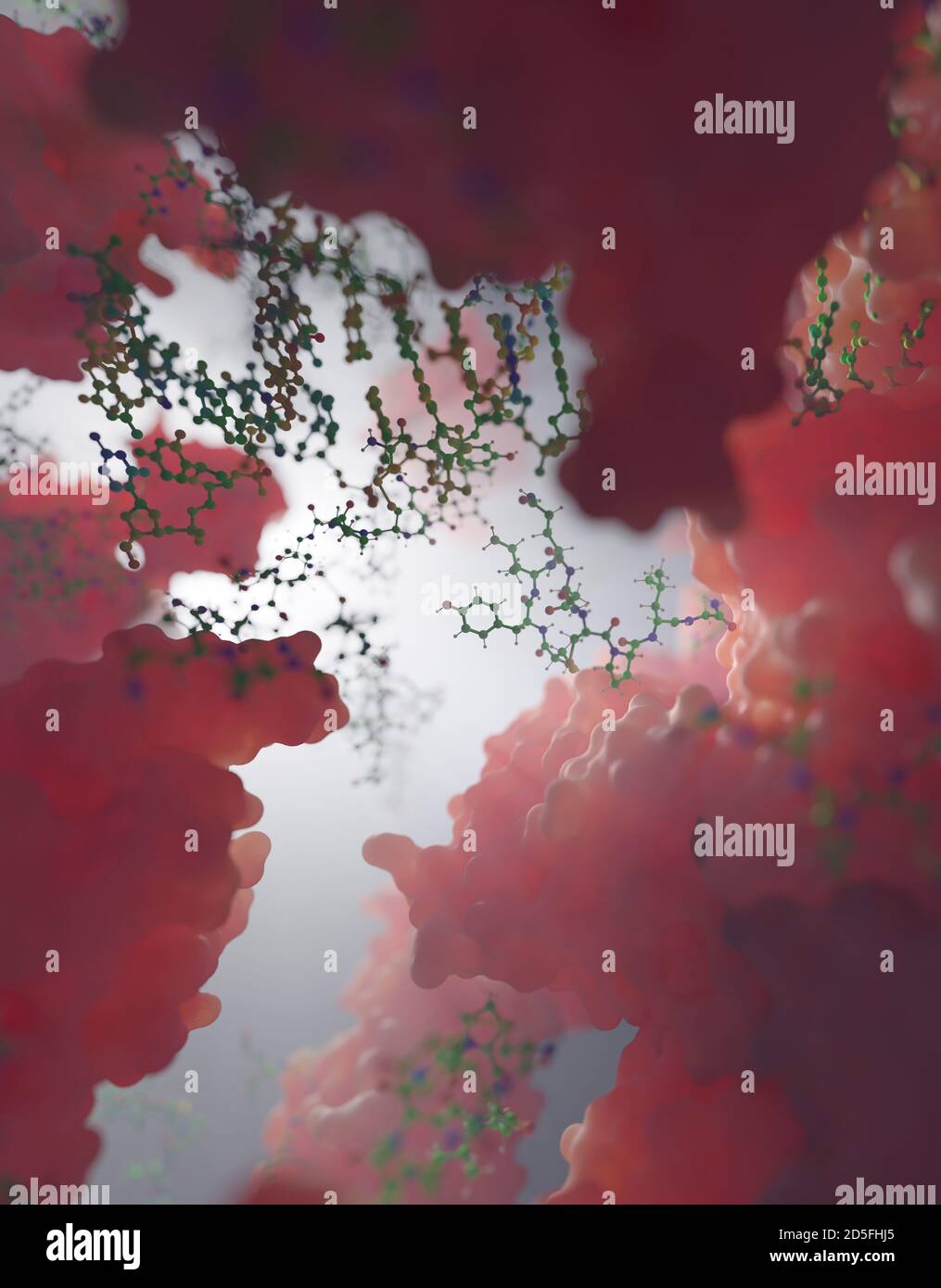 Una miscela di biomolecole (ball-and-stick) e proteine (macromolecole). Ci sono migliaia di molecole diverse coinvolte nella biochimica della vita. Foto Stock