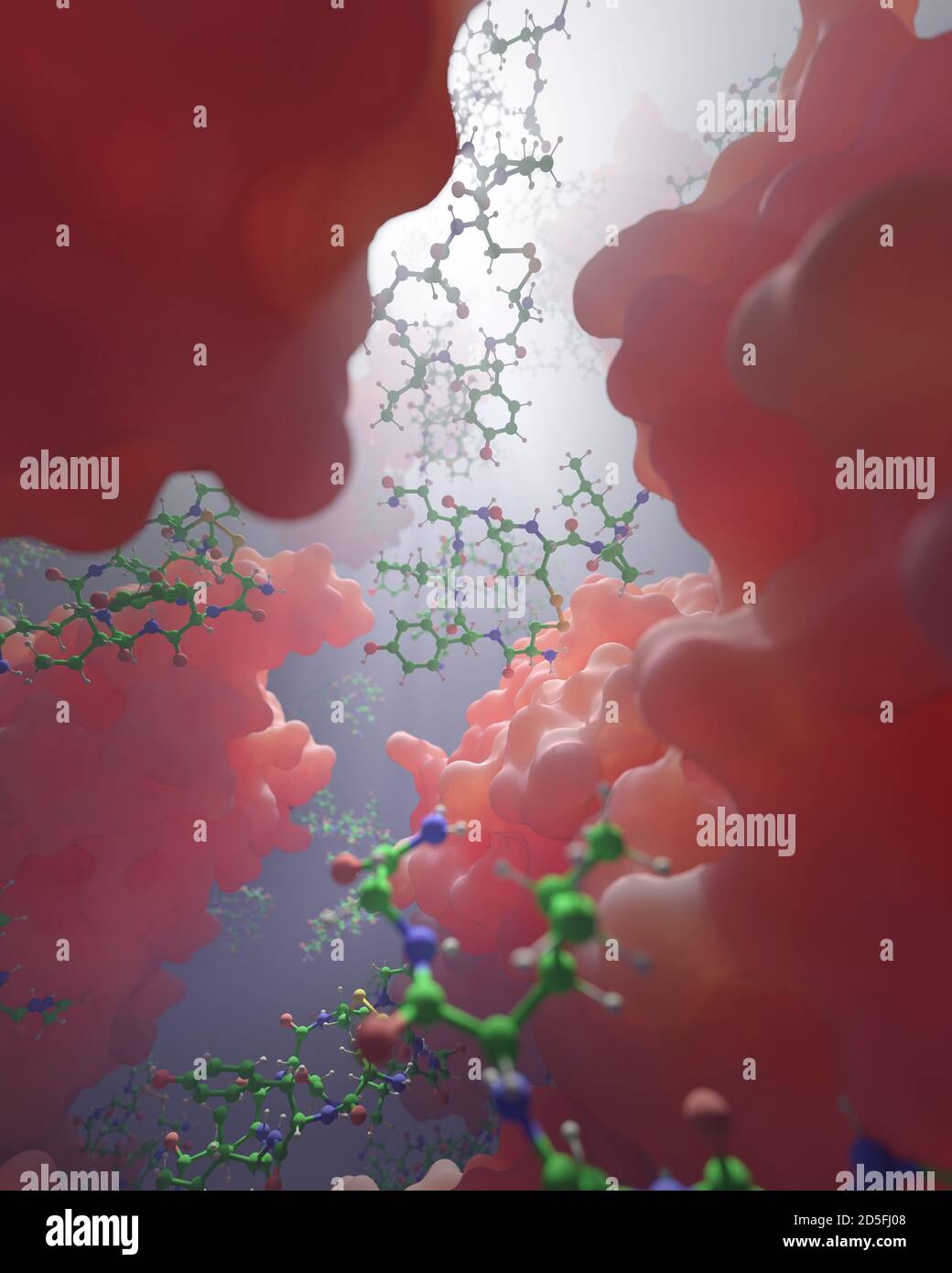 Una miscela di biomolecole (ball-and-stick) e proteine (macromolecole). Ci sono migliaia di molecole diverse coinvolte nella biochimica della vita. Foto Stock