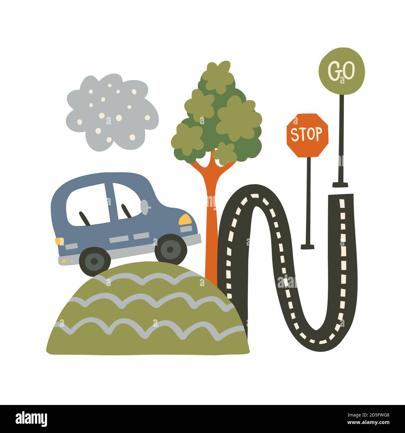 Illustrazione vettoriale dell'automobile per i disegni della stanza e della camicia del bambino. Carino veicolo su un poster di viaggio su strada. Carta auto per bambini con albero, stop e go segnaletica stradale. Illustrazione Vettoriale