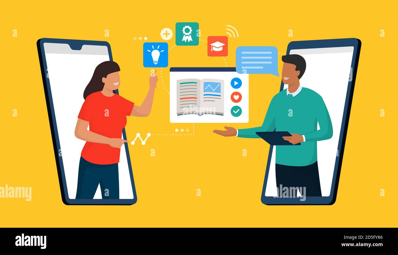 Studente e professore che connettono online uno a uno sui loro smartphone, apprendimento a distanza e corsi online concetto Illustrazione Vettoriale