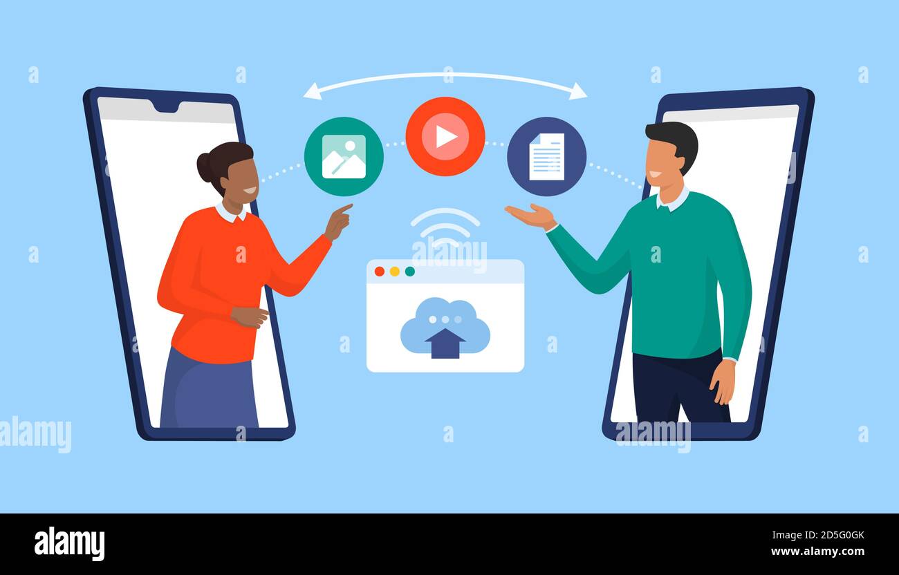Utenti e colleghi che videoconnettono e condividono file online utilizzando un app per smartphone Illustrazione Vettoriale