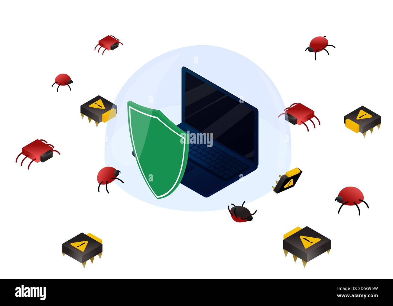 Computer portatile in una cupola di vetro e bug e virus intorno ad esso. Illustrazione vettoriale isometrica protezione dei dati, concetto di sicurezza delle informazioni. Illustrazione Vettoriale