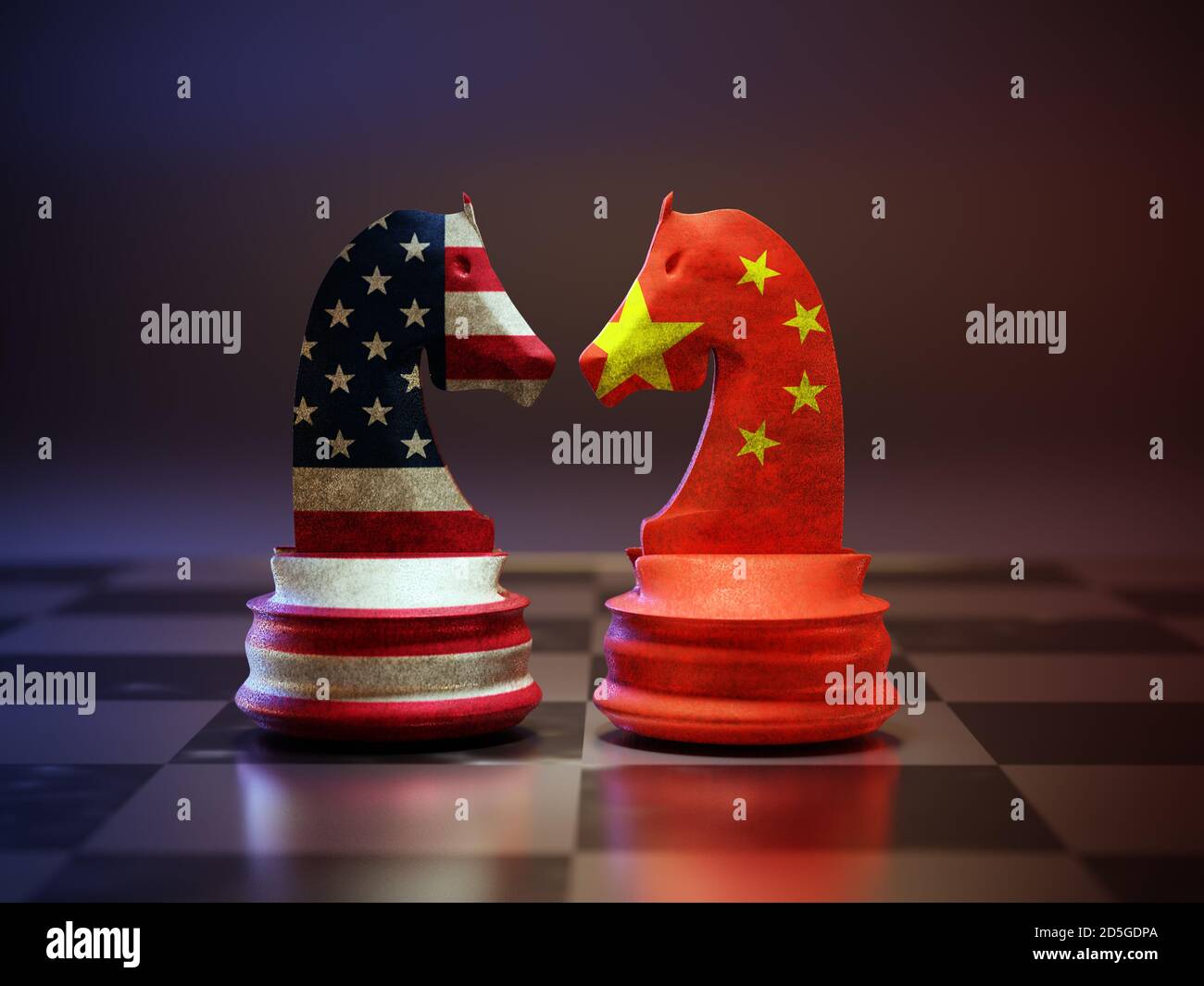 Rendering 3D di due cavalieri di scacchi con americano e cinese bandiere sovrapposte faccia a faccia sulla scacchiera Foto Stock