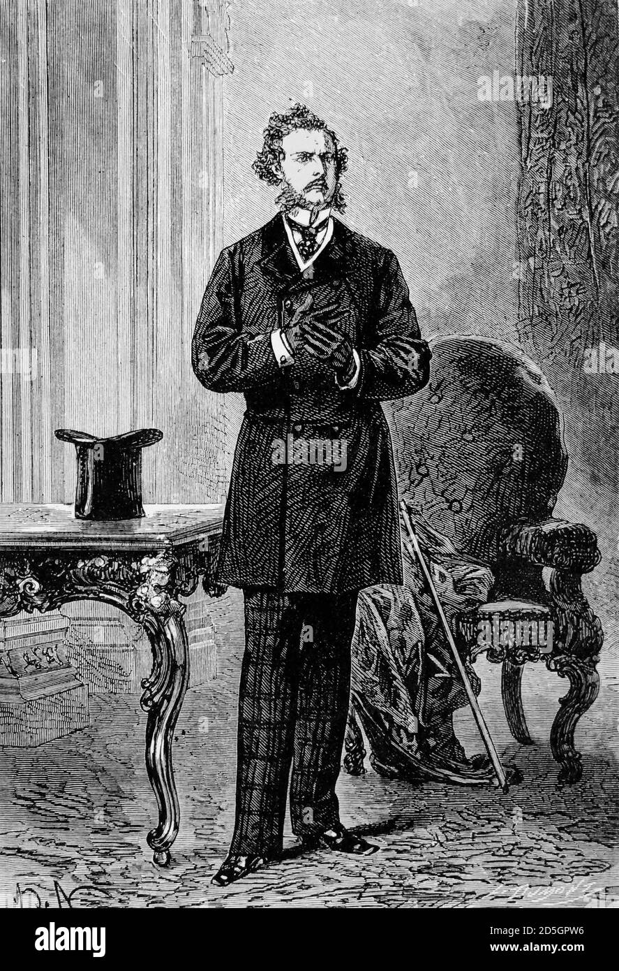 Phileas Fogg. Illustrazione di un'edizione 1873 di 'Around the World in Ottanta Days' di Jules Verne che mostra il protagonista, Phileas Fogg. Foto Stock