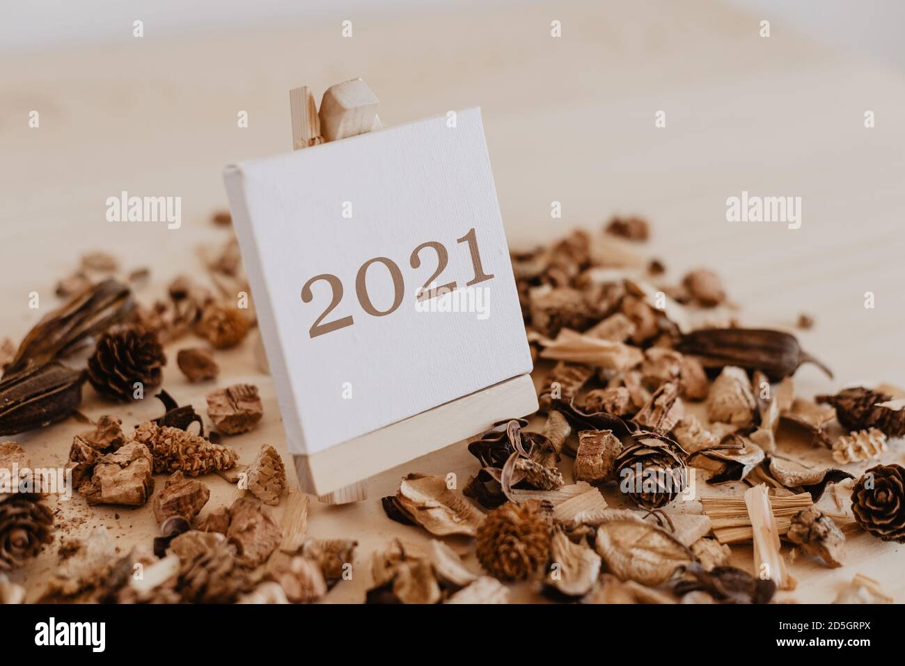 2021 scritto in marrone sulla tela di un cavalletto con frutti marroni secchi e fiori intorno ad esso. Foto Stock