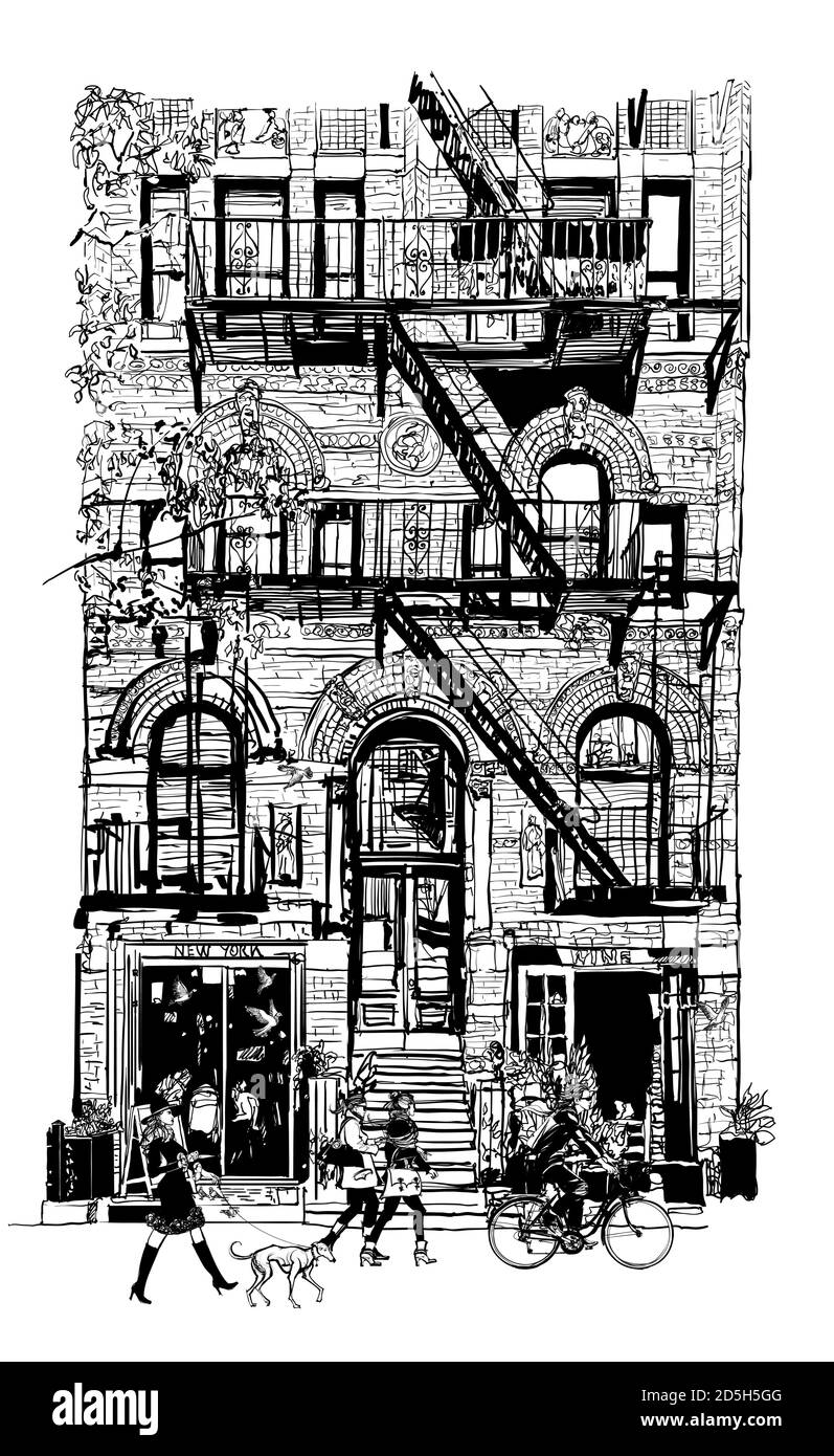 Mattoni edifici facciate con scale di fuga fuoco a New York con persone in strada - illustrazione vettoriale Illustrazione Vettoriale