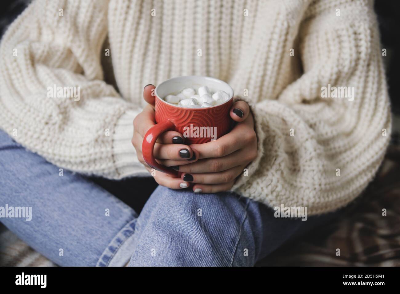 La giovane donna si siede sulla plaid in un comodo pullover bianco di lana lavorato a maglia e tiene una tazza di cacao con marshmallows nelle sue mani. Higge Capodanno, Natale accogliente, Foto Stock