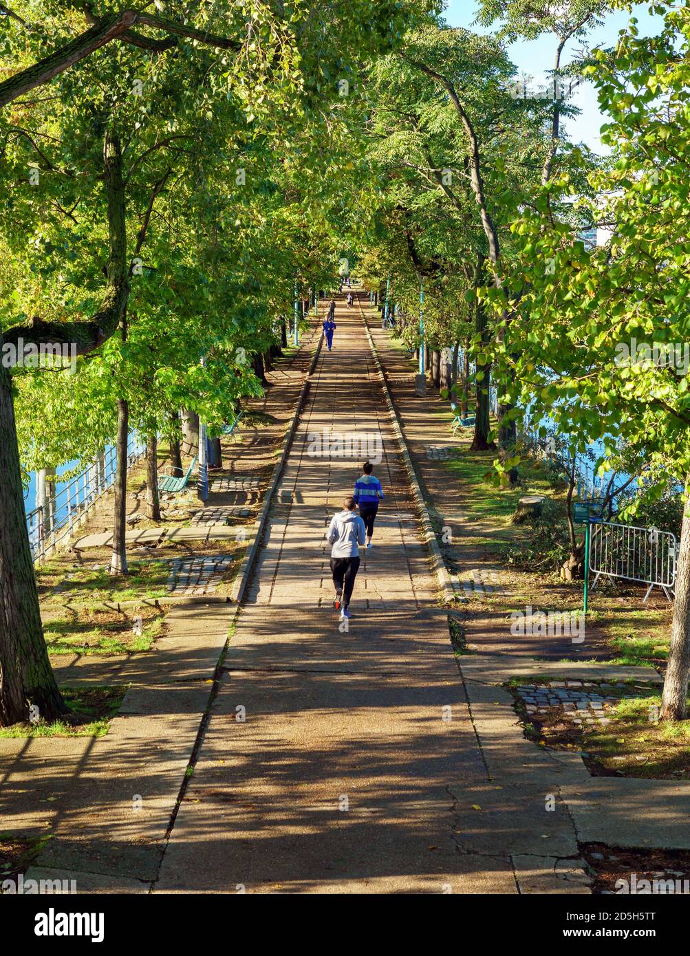 Parigini jogging e passeggiate a ile aux Cygnes Foto Stock