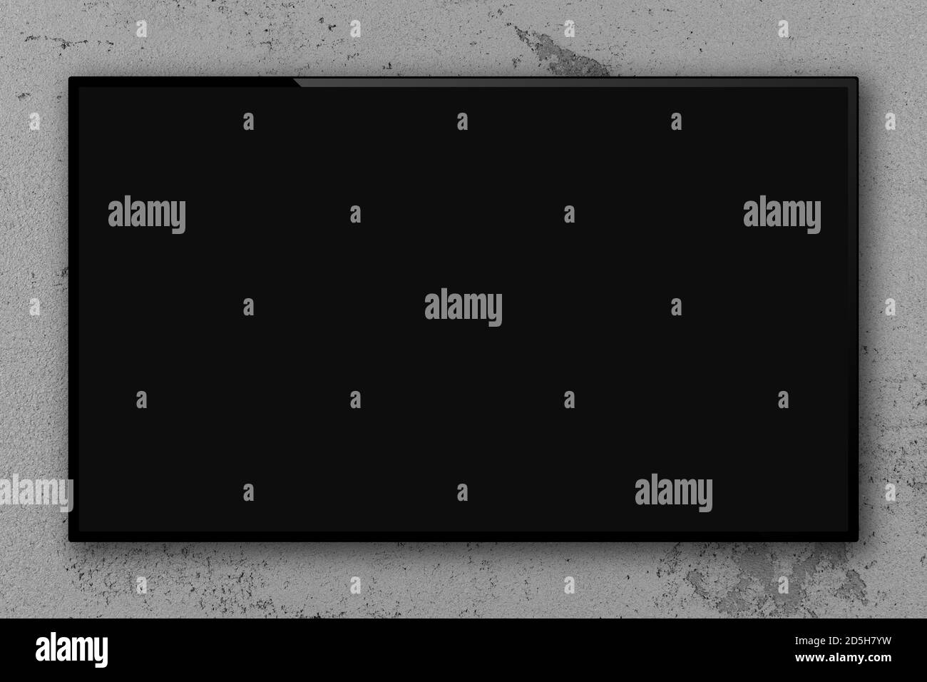 Schermo televisivo nero vuoto su parete in cemento, rendering 3D Foto Stock
