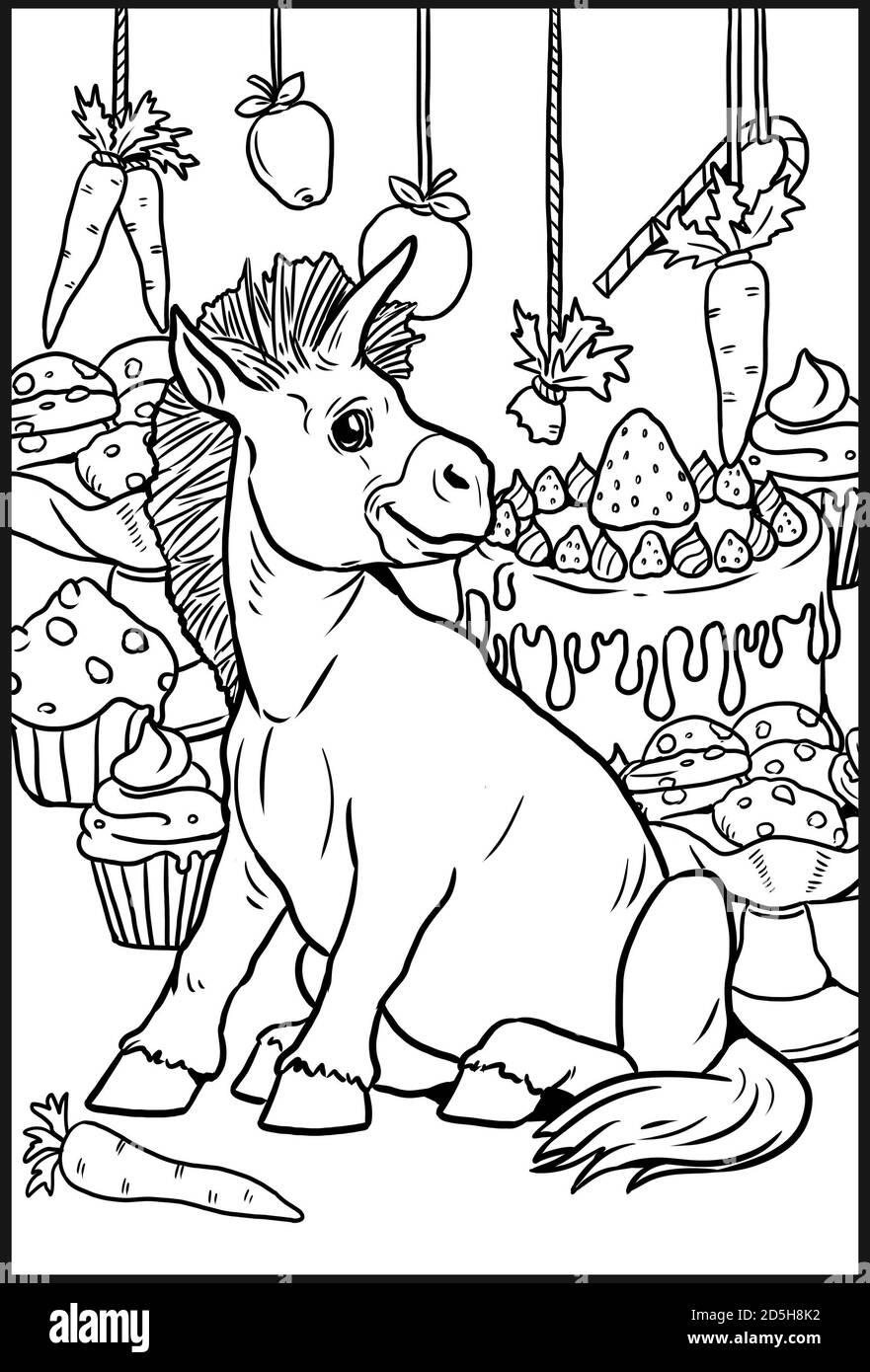 Divertente unicorn ama torte e biscotti. Pagina da colorare per bambini e amanti del cavallo. Foto Stock