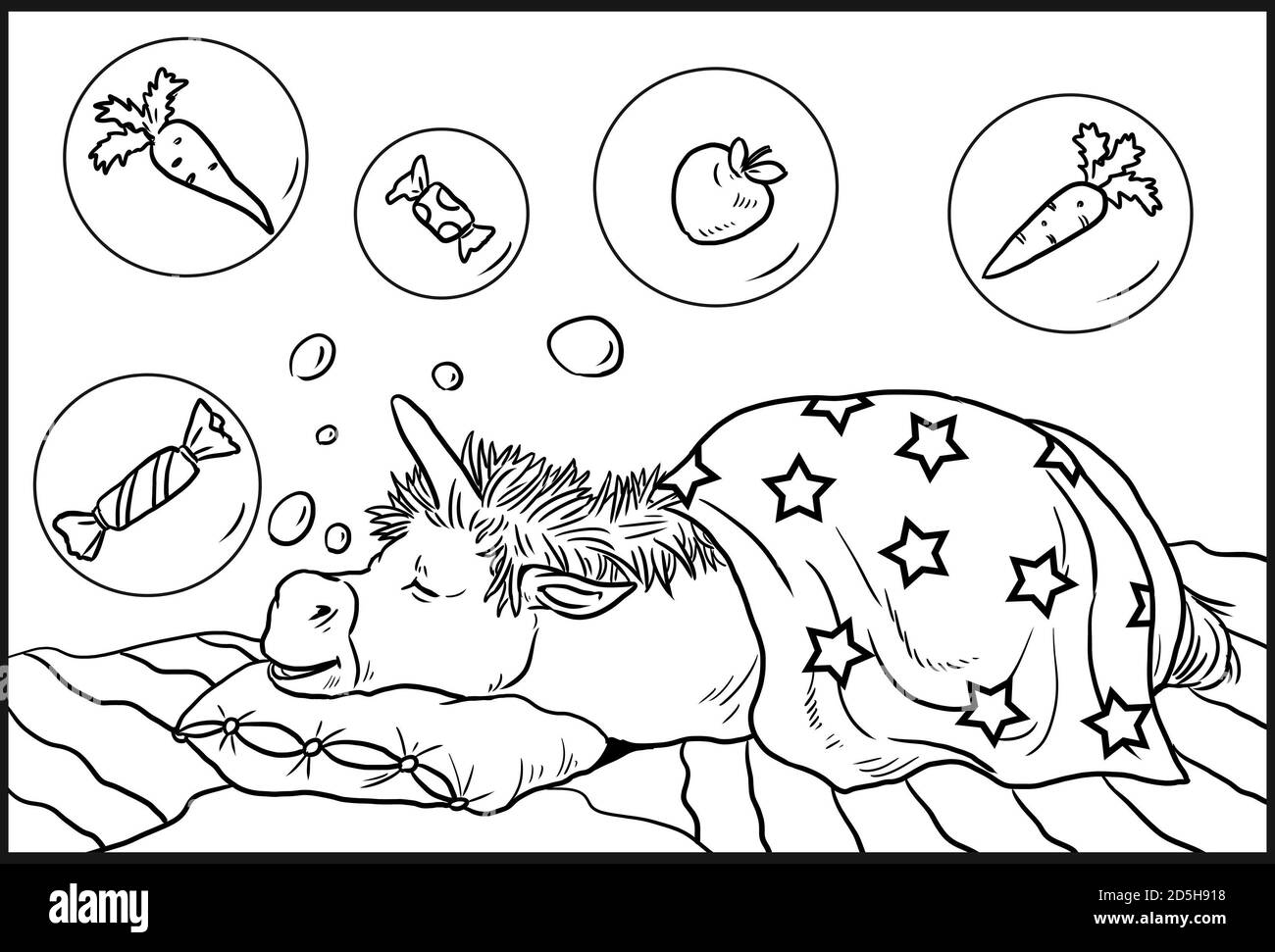 Divertente unicorno ha sogni dolci. Pagina da colorare per bambini e amanti del cavallo. Foto Stock