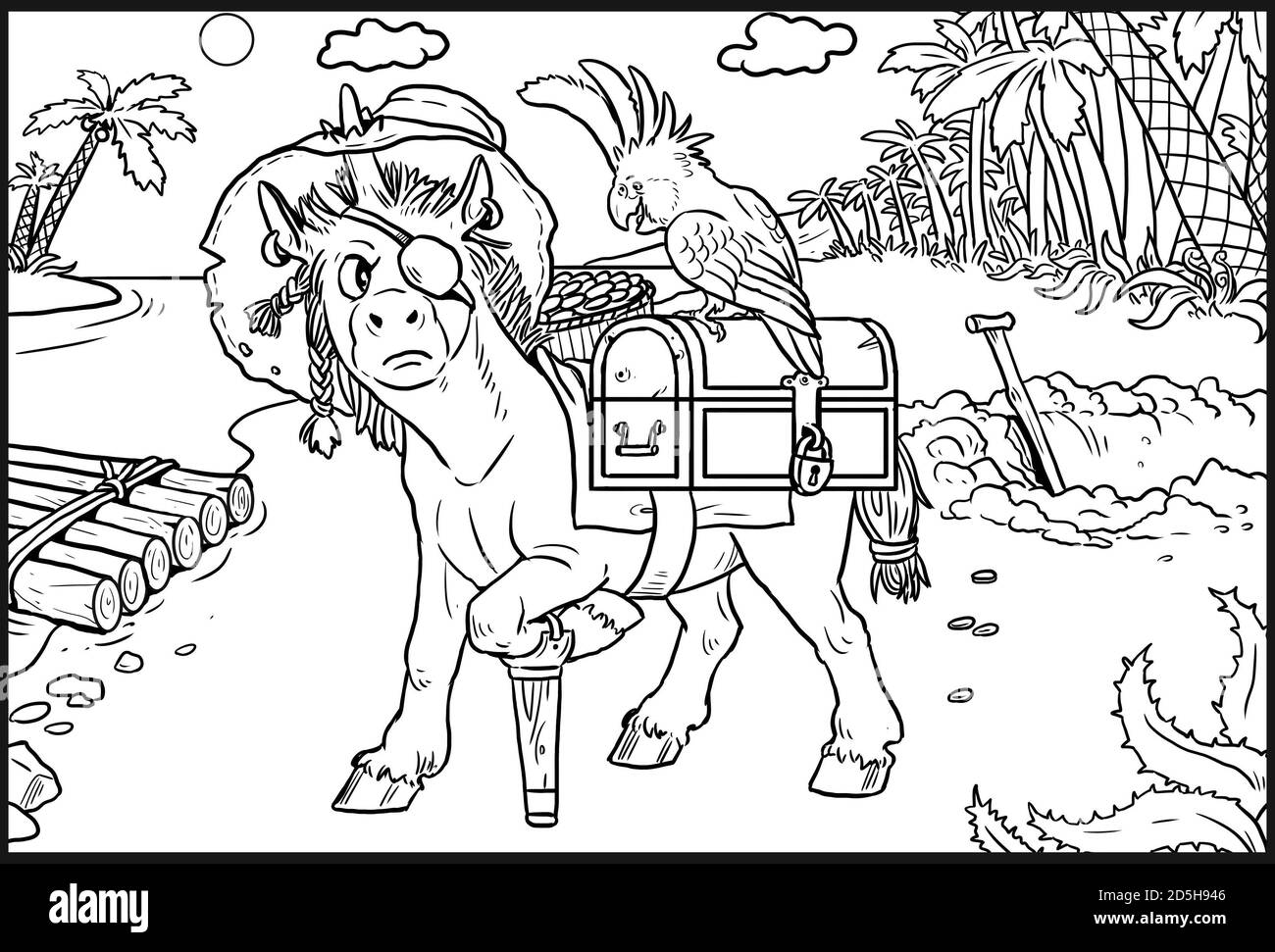 Divertente unicorno per la colorazione. Pagina da colorare per gli amanti dei cavalli. Foto Stock