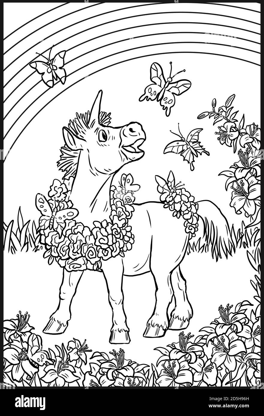 Divertente unicorno con arcobaleno per la colorazione. Pagina da colorare per gli amanti dei cavalli. Foto Stock