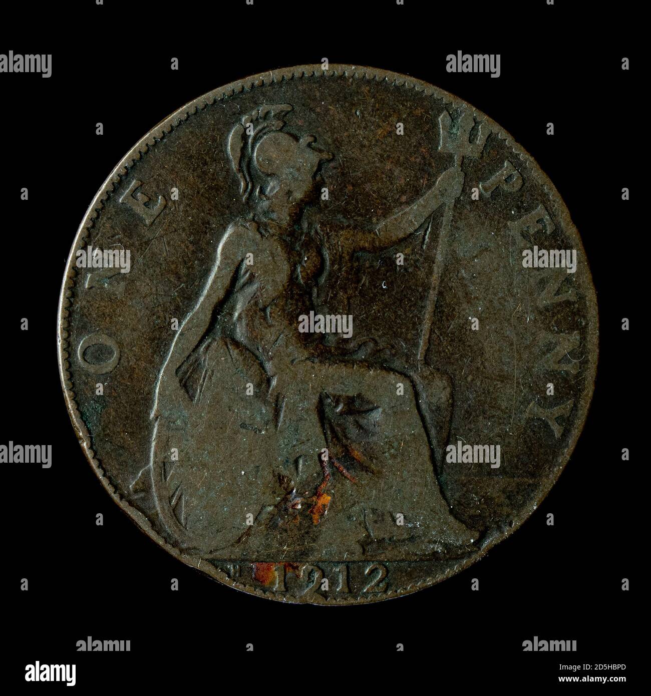 1912 British One Penny isolato su sfondo nero Foto Stock