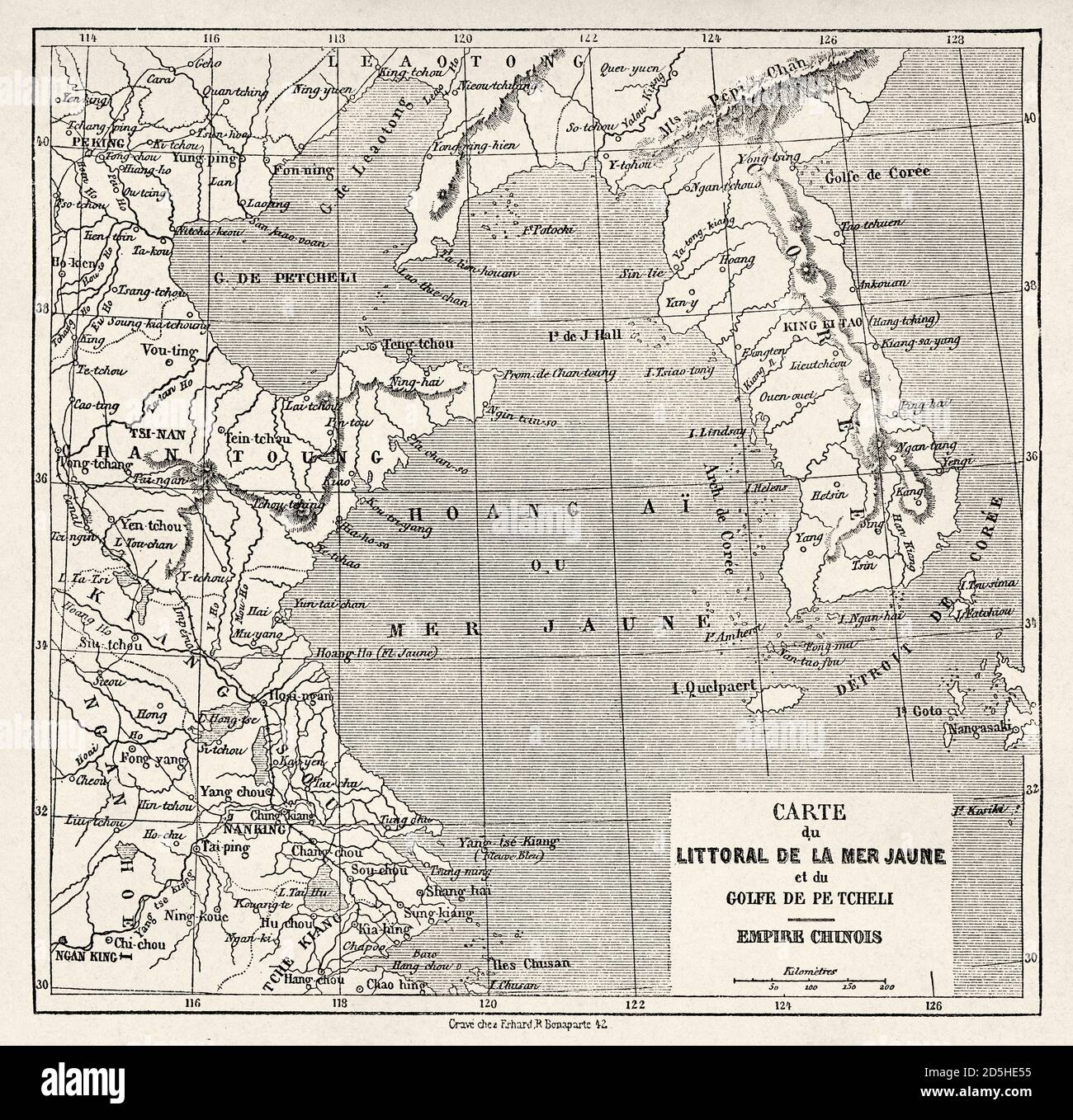 Vecchia mappa della costa del mare giallo, Cina. Antico XIX secolo inciso viaggio da Shanghai a Mosca le Tour du Monde 1864 Foto Stock