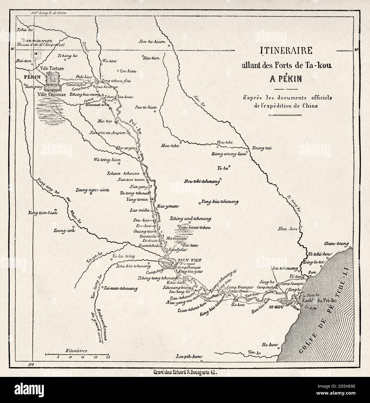 Mappa con il percorso di Taku Forts a Pechino, Cina. Antico XIX secolo inciso viaggio da Shanghai a Mosca le Tour du Monde 1864 Foto Stock