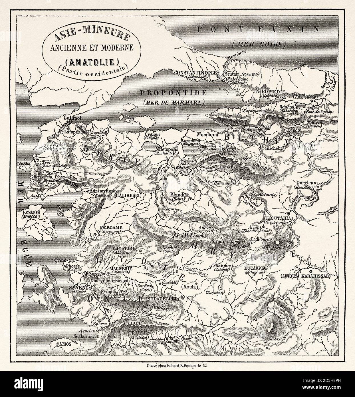 Vecchia mappa di Anatolia, Turchia. Antico XIX secolo inciso da le Tour du Monde 1864 Foto Stock