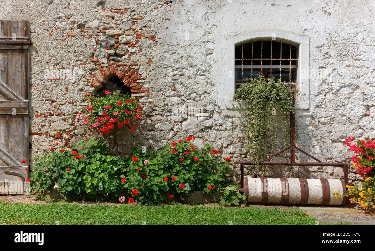 Esterno di un vecchio edificio rurale tradizionale decorato con piante e fiori Foto Stock