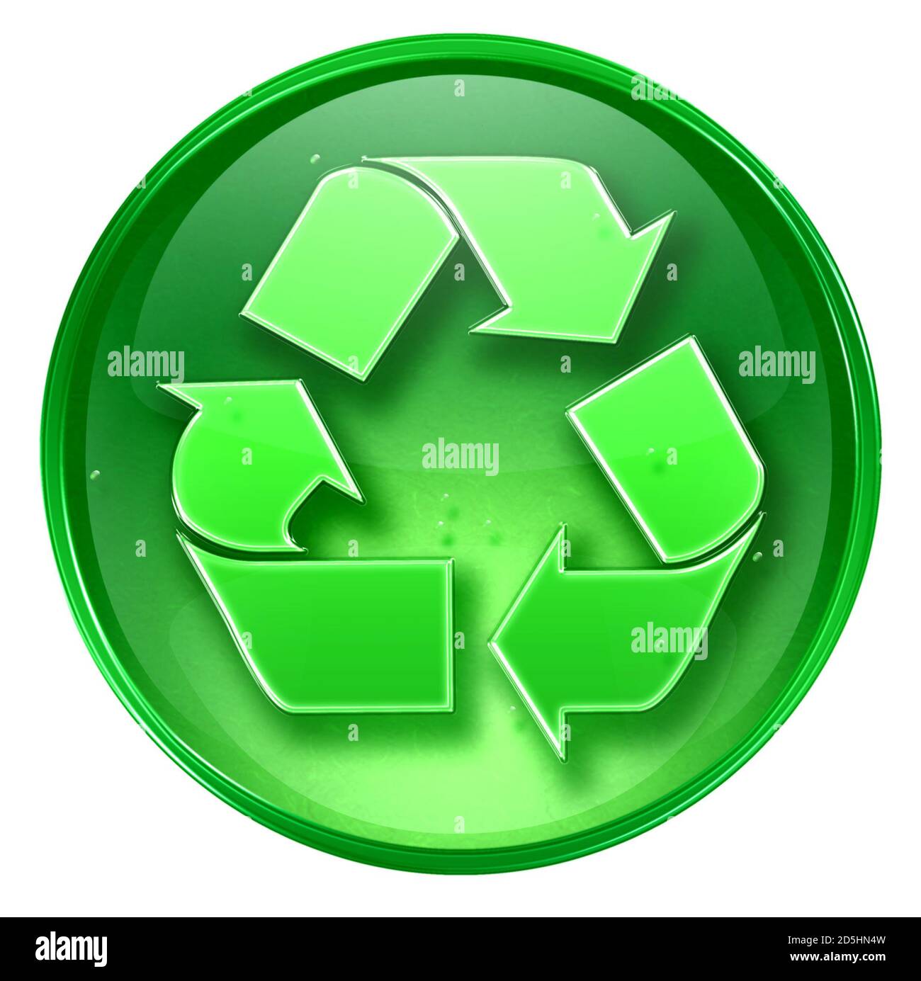 Icona simbolo di riciclaggio verde, isolata su sfondo bianco. Foto Stock