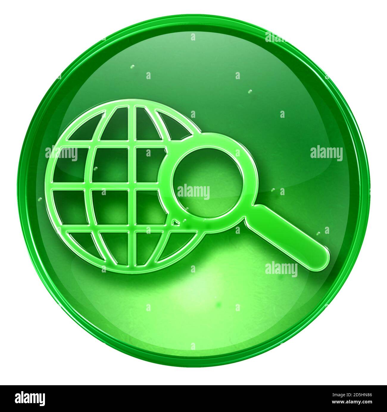 Globo e icona lente di ingrandimento verde, isolato su sfondo bianco. Foto Stock