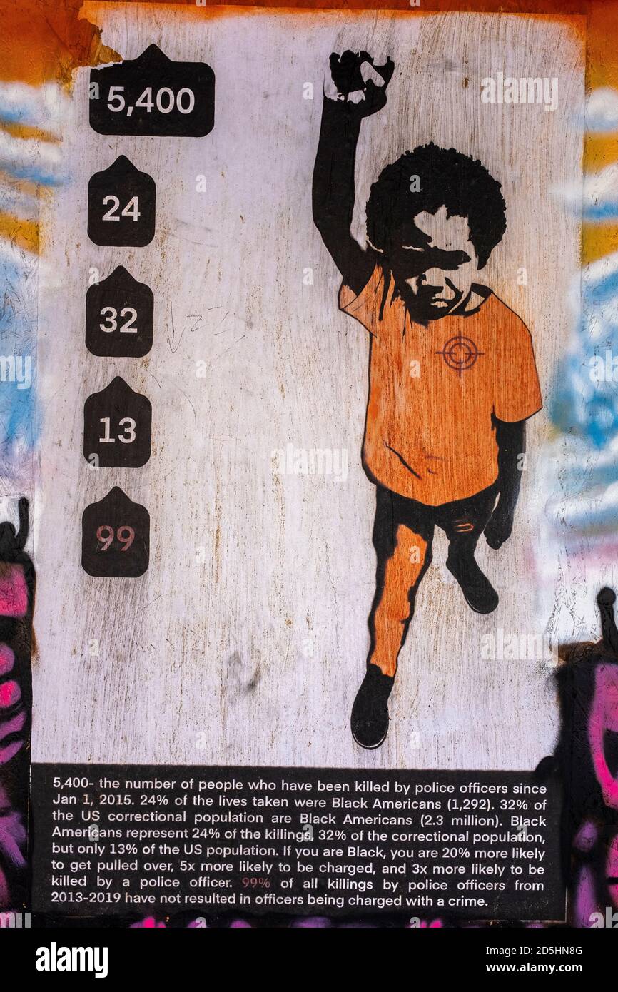 Arte di protesta a bordo su storefronts: Central Avenue (Rt.66) nel centro di Albuquerque, New Mexico Foto Stock