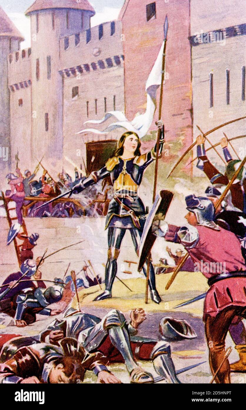 Giovanna d'Arco a Orleans. Nel 1429, il futuro Carlo VII di Francia era ancora il Delfino. Suo padre era morto sette anni prima, ma Carlo non era ancora stato incoronato. Carlo chiese a Dio la guida e la direzione per quanto riguarda il suo essere il vero erede, un messaggio che una ragazza francese di nome Joan (1412-1431) gli avrebbe portato e dire che era da Dio. Nell'aprile 1429, Carlo diede a Giovanna d'Arco (come venne a essere conosciuta) il permesso di guidare le truppe francesi per liberare la città di Orleans dal controllo inglese. Joan (visto qui ad Orleans) è stato ferito da una freccia mentre ha aiutato i suoi compagni soldati a installare un muro di scalatura fo Foto Stock
