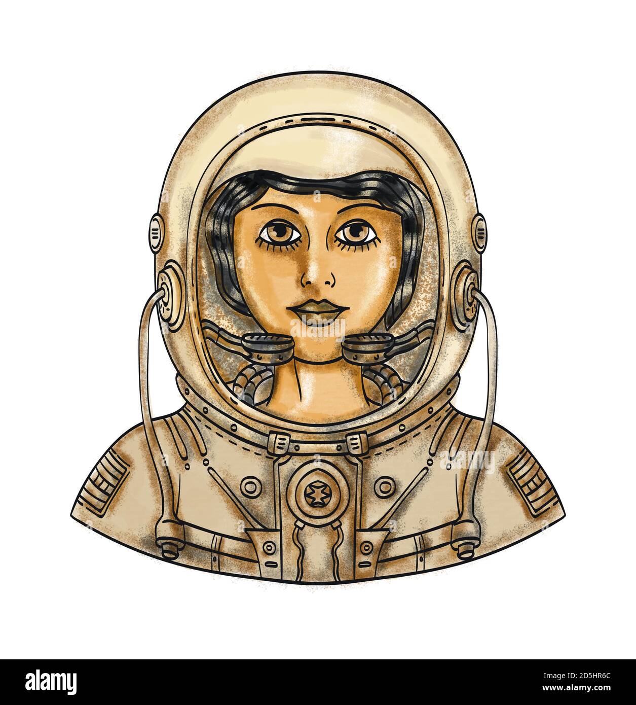 Illustrazione in stile tatuaggio del busto di una astronauta femminile che indossa un casco spaziale e spacesuit vista dalla parte anteriore fatto in pieno colore. Foto Stock Illustrazione in stile tatuaggio del busto di una astronauta femminile che indossa un casco spaziale e spacesuit vista dalla parte anteriore fatto in pieno colore. Foto Stock