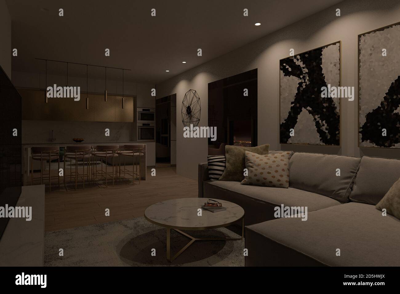 Design interno di un appartamento cittadino con finestre panoramiche. Cucina e soggiorno in stile moderno Foto Stock