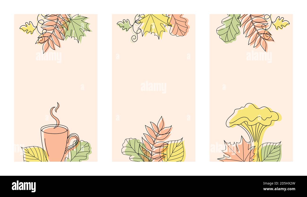 Tre diversi sfondi verticali autunnali in stile lineare con un fungo, un acorno, un bicchiere e alcune foglie. Illustrazione Vettoriale