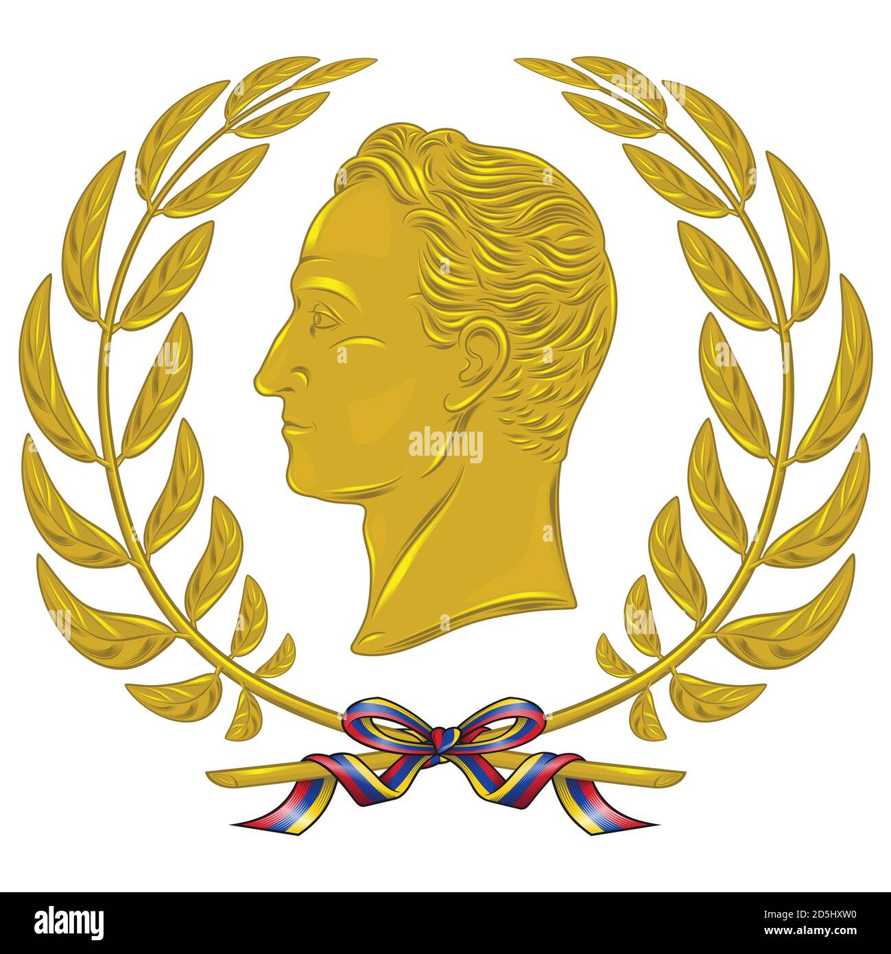 Vector design, simon bolivar libertador de Venezuela, con corona d'oliva d'oro legata al nastro Illustrazione Vettoriale