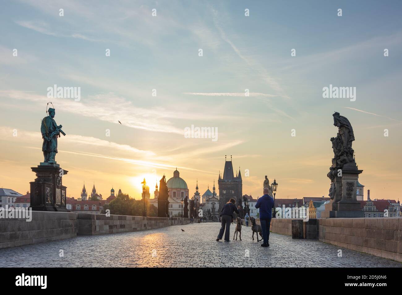 Praha: Ponte Carlo (Karlův Most, Karlsbrücke), Torre del Ponte della Città Vecchia (Staroměstská mostecká věž), alba, persone con cani a Moldava, Moldau, Prah Foto Stock
