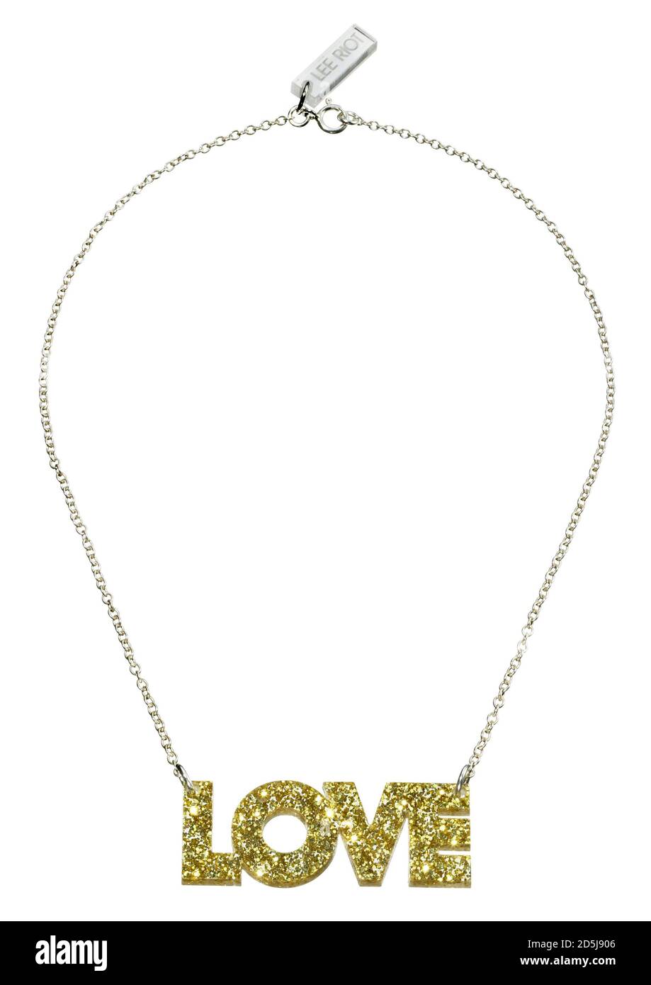 ciondolo oro con glitter su una collana con catena in argento fotografata su sfondo bianco Foto Stock