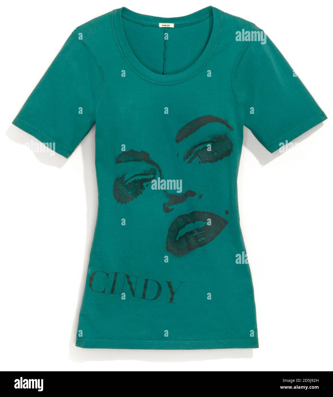 T-shirt Green harlow con schermo stampato faccia di Cindy Crawford fotografato su uno sfondo bianco Foto Stock