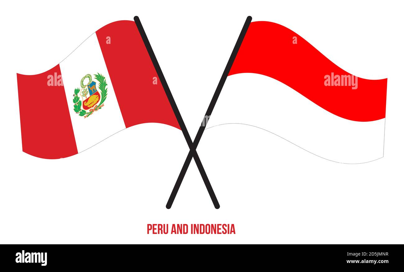 Perù e Indonesia Bandiere incrociate e ondeggianti stile piatto. Proporzione ufficiale. Colori corretti. Foto Stock