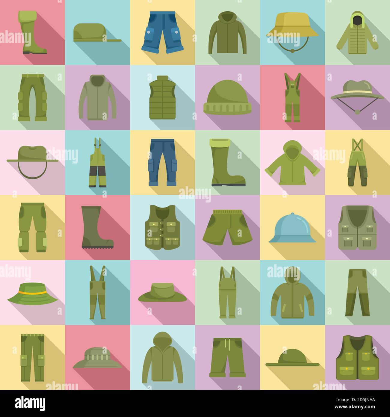 Set di icone di vestiti per pescatori. Set piatto di abiti da pescatore icone vettoriali per il web design Illustrazione Vettoriale