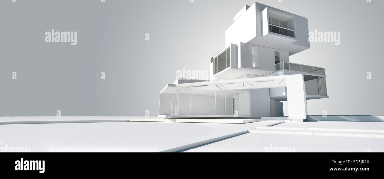 Rendering 3D del modello di architettura di una casa moderna costruito in diversi livelli indipendenti Foto Stock